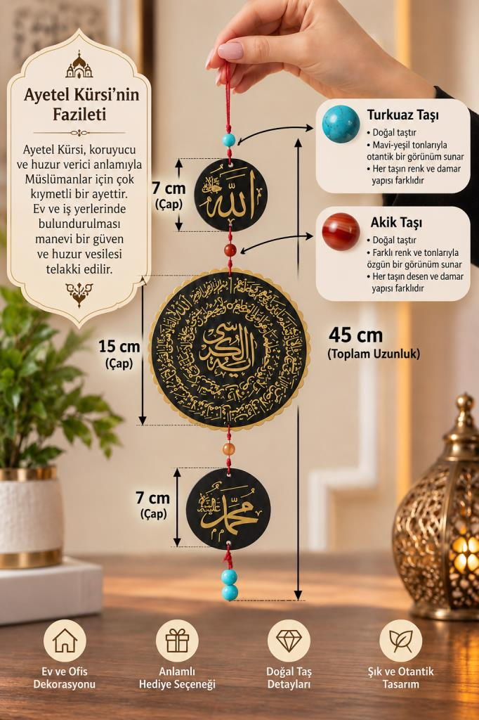 Ayetel Kürsi Doğal Taşlı Duvar Süsü Allah Muhammed Yazılı İslami Dekor