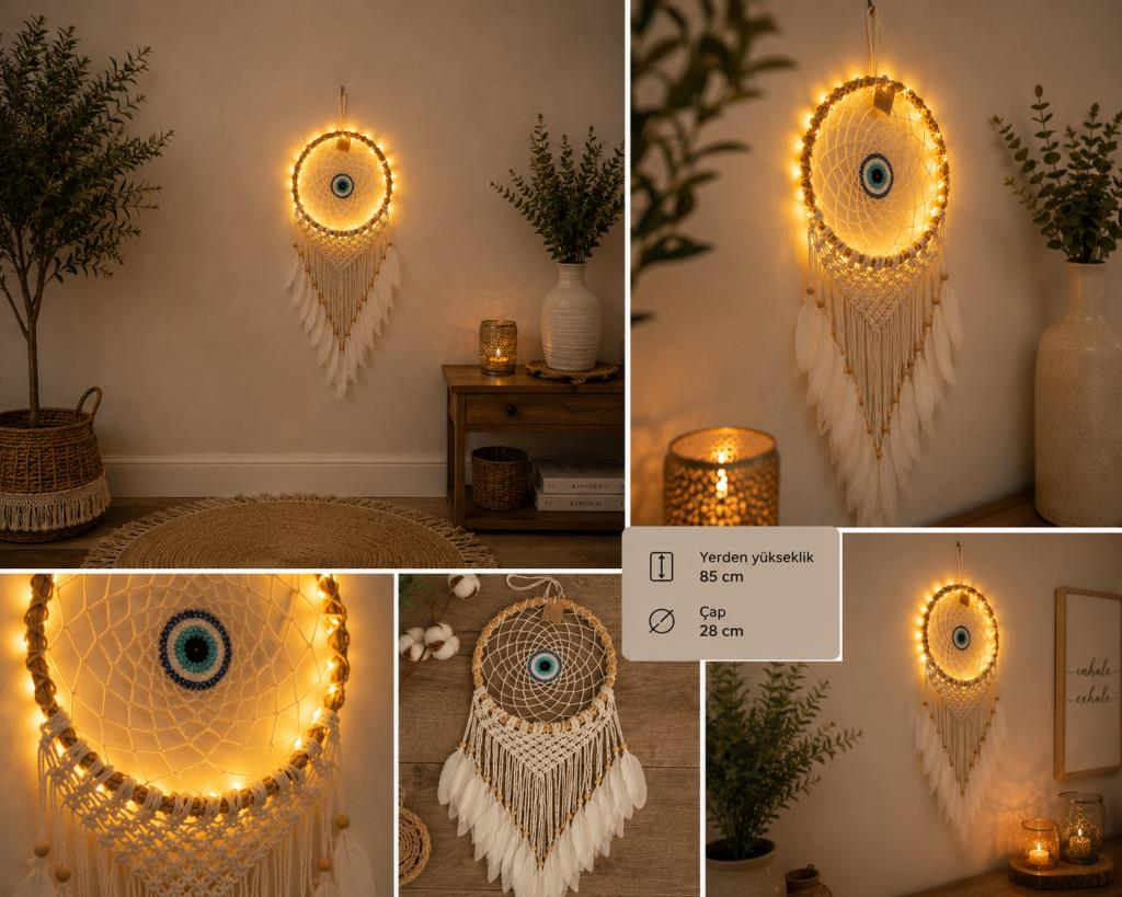 Bambu LED Işıklı Makrome Düş Kapanı Bohem Duvar Süsü 85 CM 
