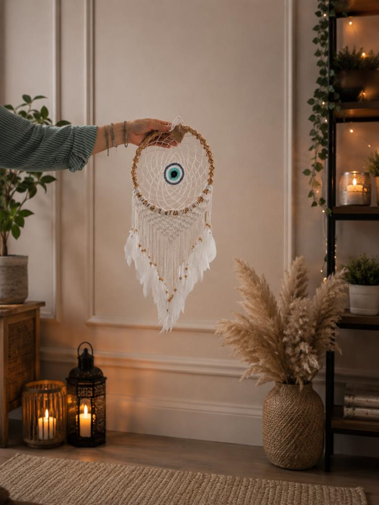 Bambu LED Işıklı Makrome Düş Kapanı Bohem Duvar Süsü 85 CM 
