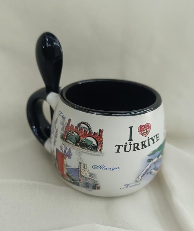 Bardak Kupa Seramik Kulplu Kaşıklı 100 ml Yöresel Meşrubat Su Kahve Bardağı Antalya Görselli