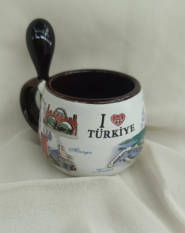 Bardak Kupa Seramik Kulplu Kaşıklı 100 ml Yöresel Meşrubat Su Kahve Bardağı Antalya Görselli