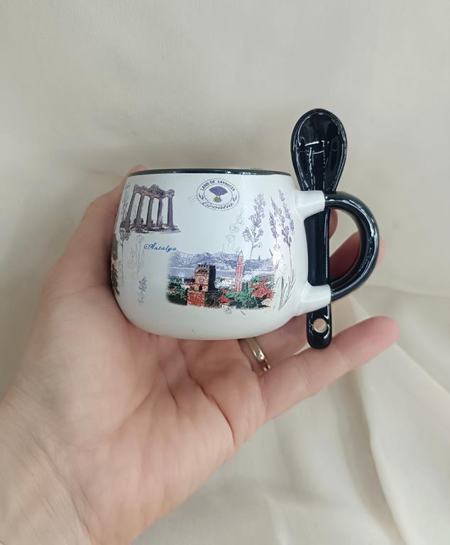 Bardak Kupa Seramik Kulplu Kaşıklı 100 ml Yöresel Meşrubat Su Kahve Bardağı Antalya Görselli