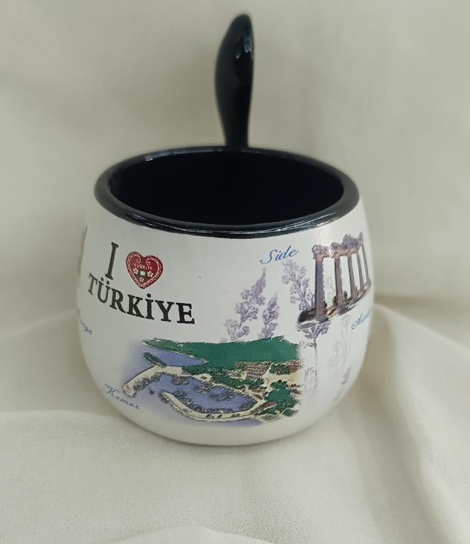 Bardak Kupa Seramik Kulplu Kaşıklı 100 ml Yöresel Meşrubat Su Kahve Bardağı Antalya Görselli