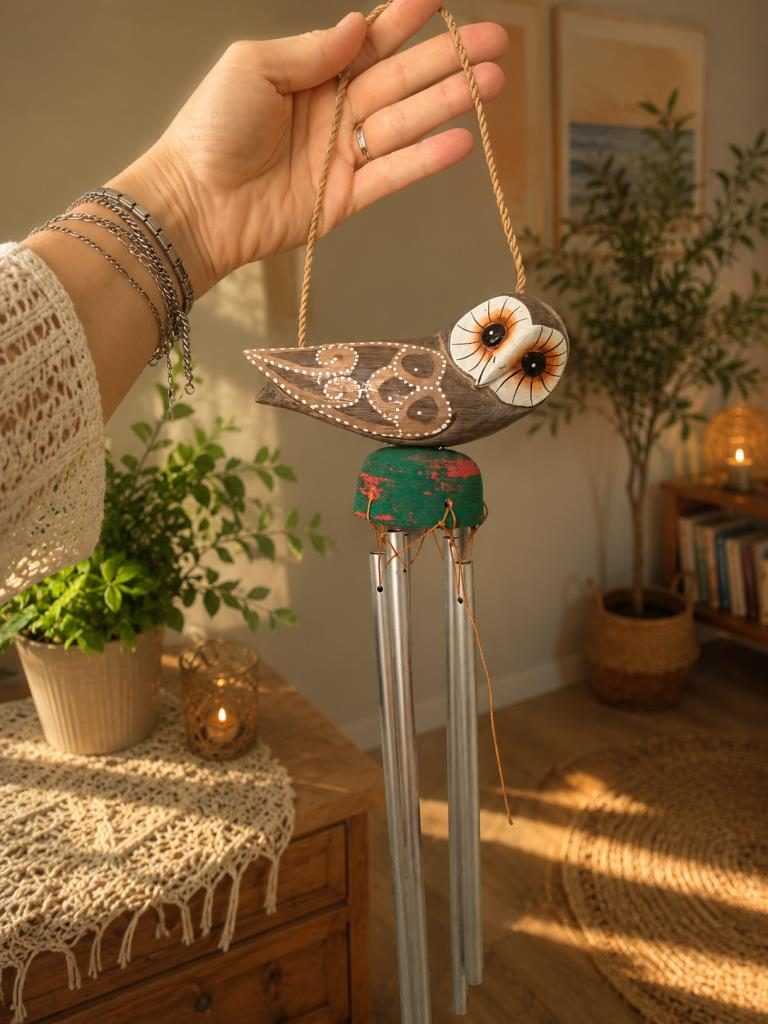 Baykuş Figürlü Rüzgar Çanı – Bohem Bahçe ve Balkon Dekoru