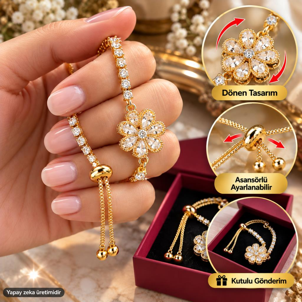 Bileklik 316 L Çelik Gold Renk Dönen Çiçek Asansörlü Ayarlanabilir Kadın 