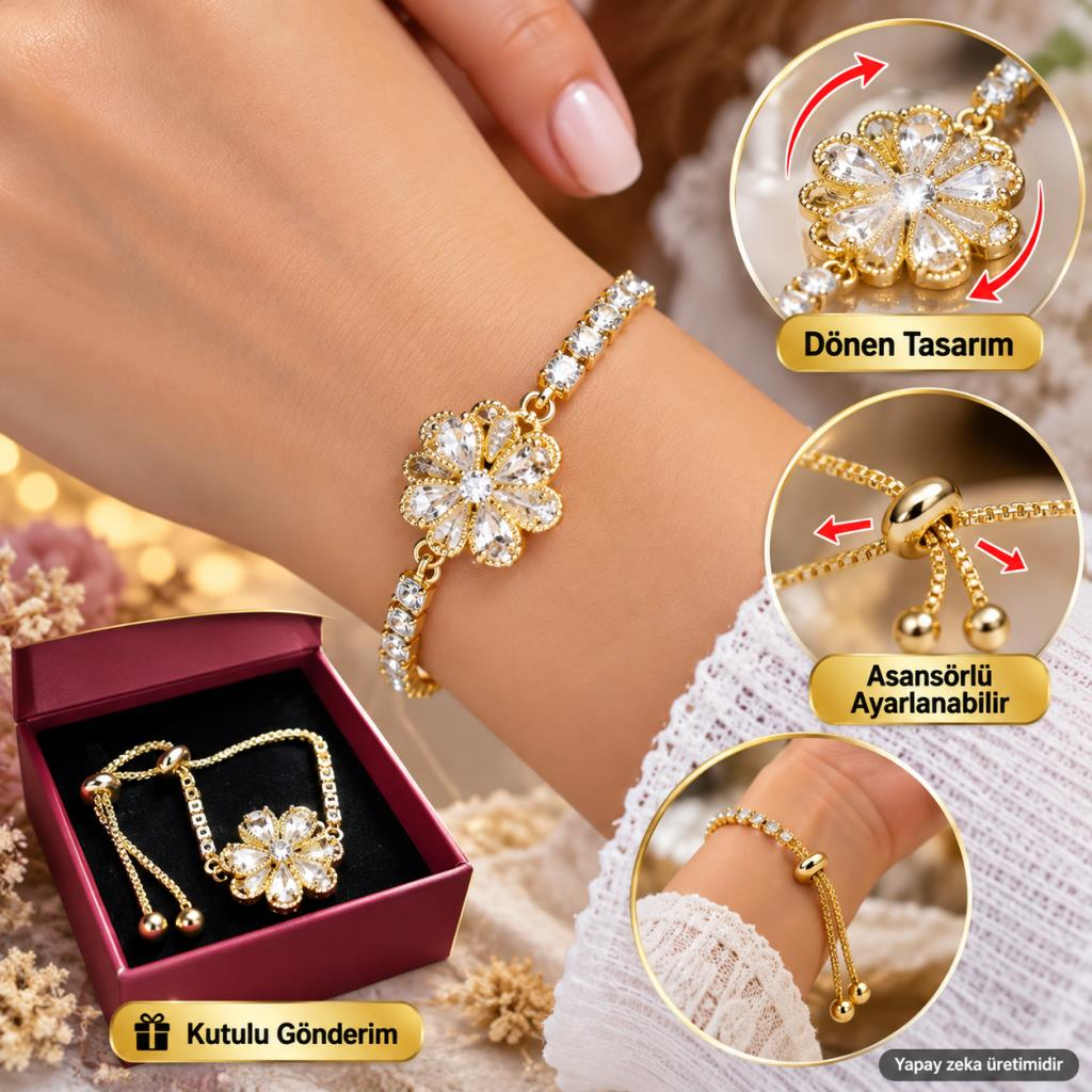 Bileklik 316 L Çelik Gold Renk Dönen Çiçek Asansörlü Ayarlanabilir Kadın 