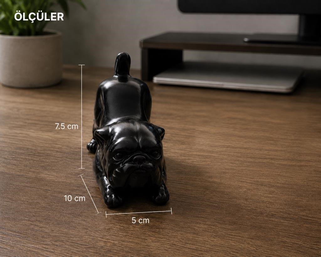 Bulldog Biblo Dekoratif Reçine Siyah Köpek Figürü – Modern Masaüstü Dekoru – Ofis, Kitaplık ve Ev Dekorasyonu – 7.5x10x5 cm