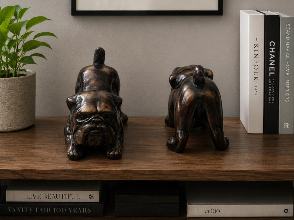 Bulldog Biblo Dekoratif Reçine Siyah Köpek Figürü – Modern Masaüstü Dekoru – Ofis, Kitaplık ve Ev Dekorasyonu – 7.5x10x5 cm