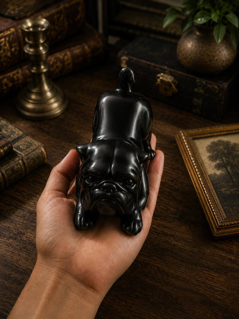 Bulldog Biblo Dekoratif Reçine Siyah Köpek Figürü – Modern Masaüstü Dekoru – Ofis, Kitaplık ve Ev Dekorasyonu – 7.5x10x5 cm