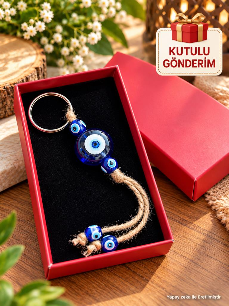 Cam Nazar Boncuklu Anahtarlık Kutulu Hediyelik Mavi Nazar Anahtarlık