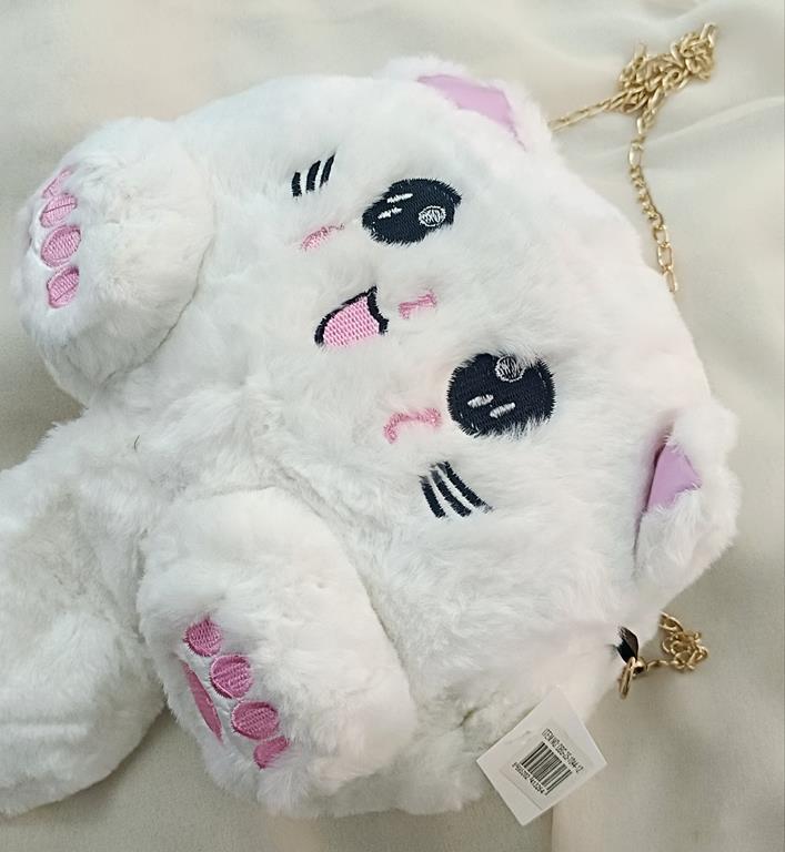 Çanta Peluş Sevimli Kedi Zincir Saplı El Omuz Çantası Beyaz