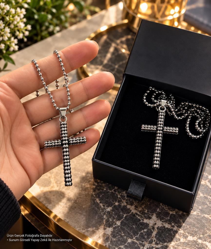 Çelik Haç Kolye Gümüş Renk Unisex 316 L Stainless Steel Cross Necklace Kutulu 