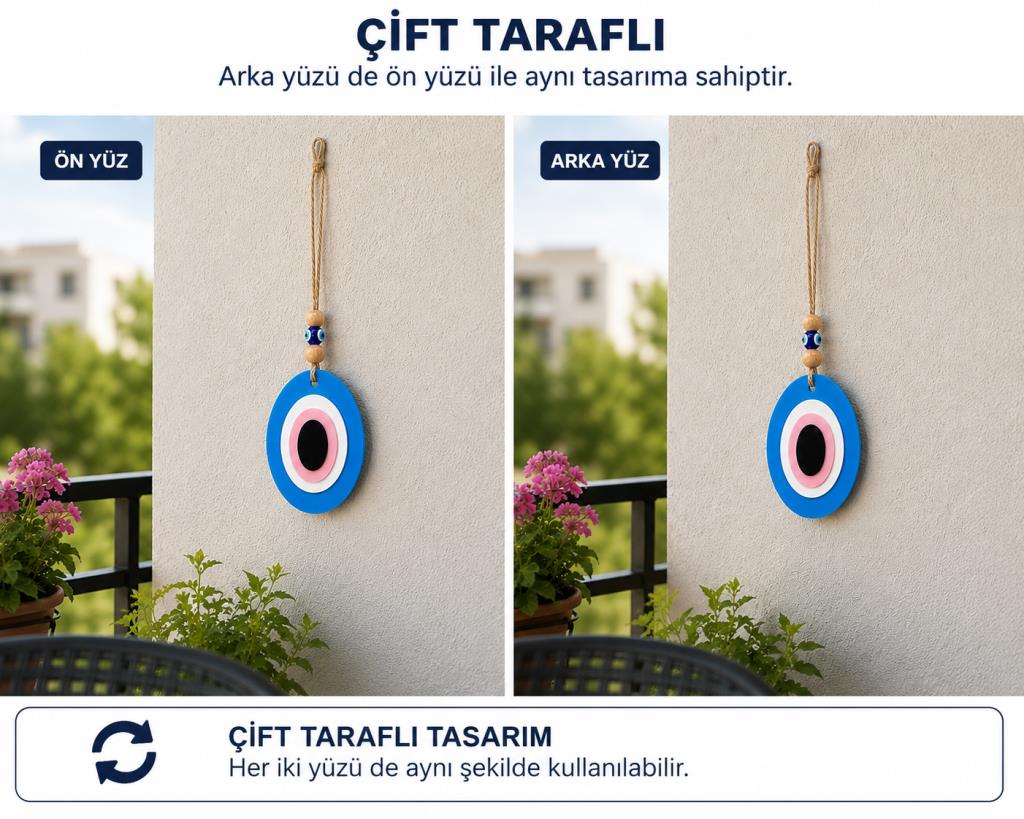 Çift Taraflı Plastik Nazar Boncuğu Duvar Süsü – Dekoratif Asma Nazar Boncuğu Kapı, Balkon ve Araç Süsü