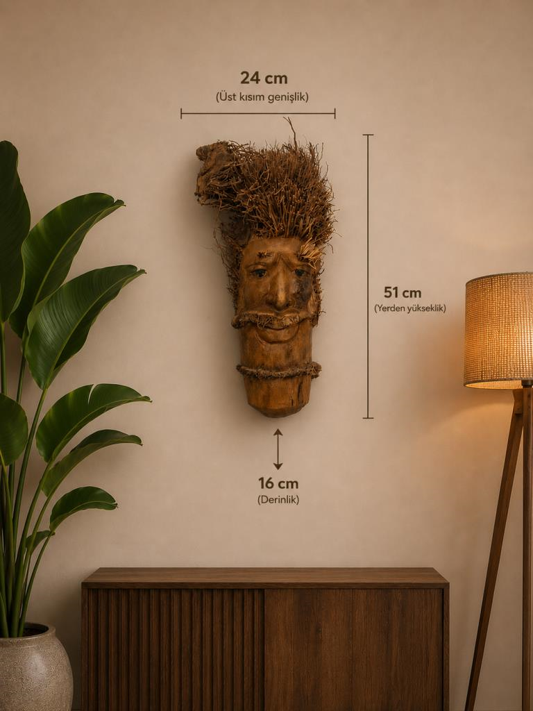 Dekoratif Ahşap Duvar Maskesi El Yapımı Otantik Tribal Bohem Salon Ofis Duvar Dekoru 51 cm