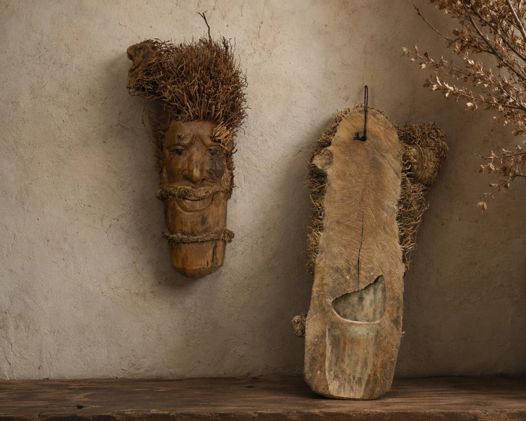 Dekoratif Ahşap Duvar Maskesi El Yapımı Otantik Tribal Bohem Salon Ofis Duvar Dekoru 51 cm
