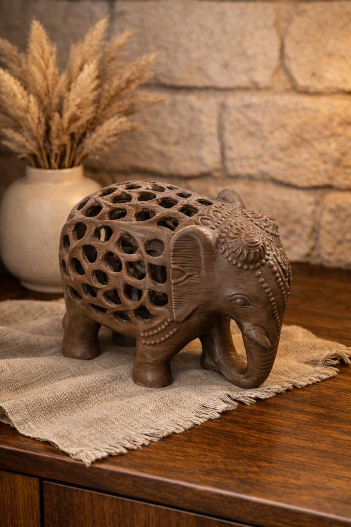 Dekoratif Fil Biblo 10x12 cm – Kafes Detaylı İçinde Küçük Fil Figürlü Otantik Masaüstü & Vitrin Süsü