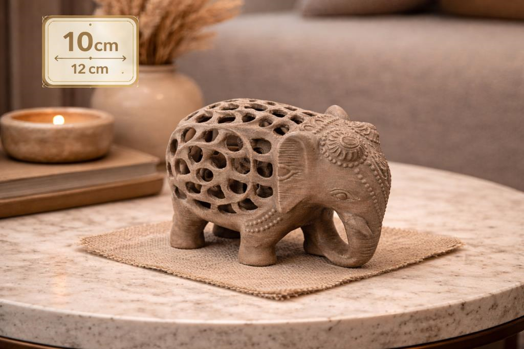 Dekoratif Fil Biblo 10x12 cm – Kafes Detaylı İçinde Küçük Fil Figürlü Otantik Masaüstü & Vitrin Süsü