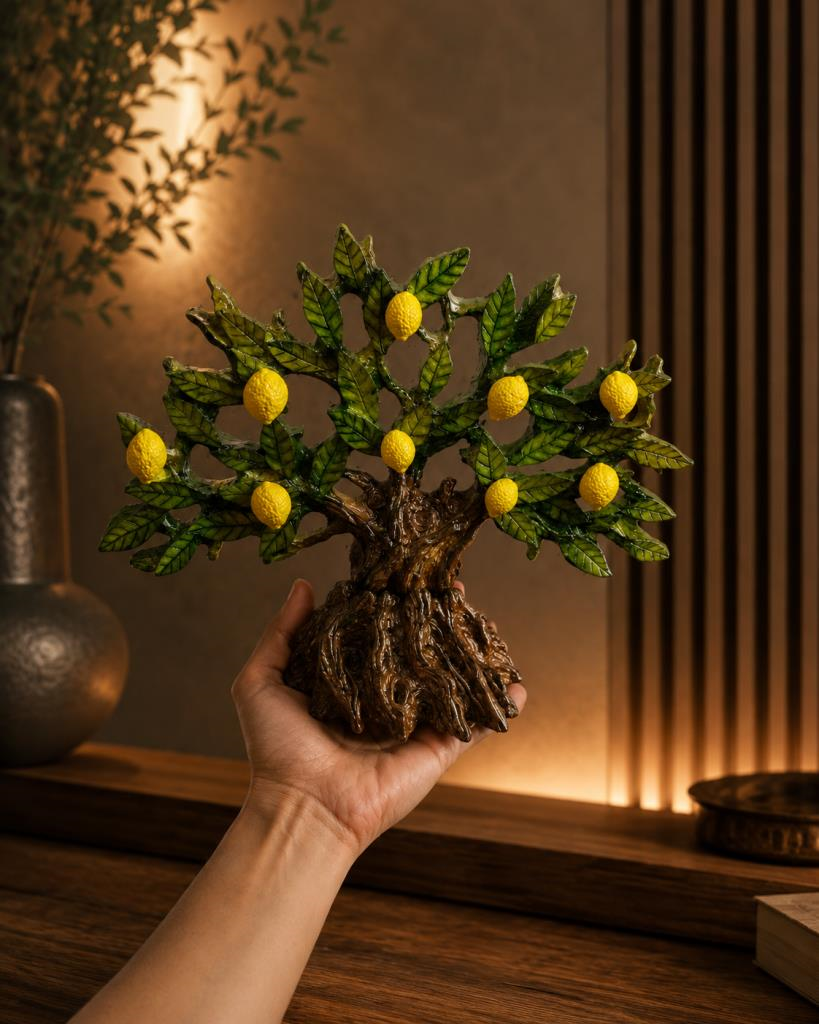 Dekoratif Limon Ağacı Biblo Masa Üstü Konsol Vitrin Ofis Salon Dekoru 21x26 cm