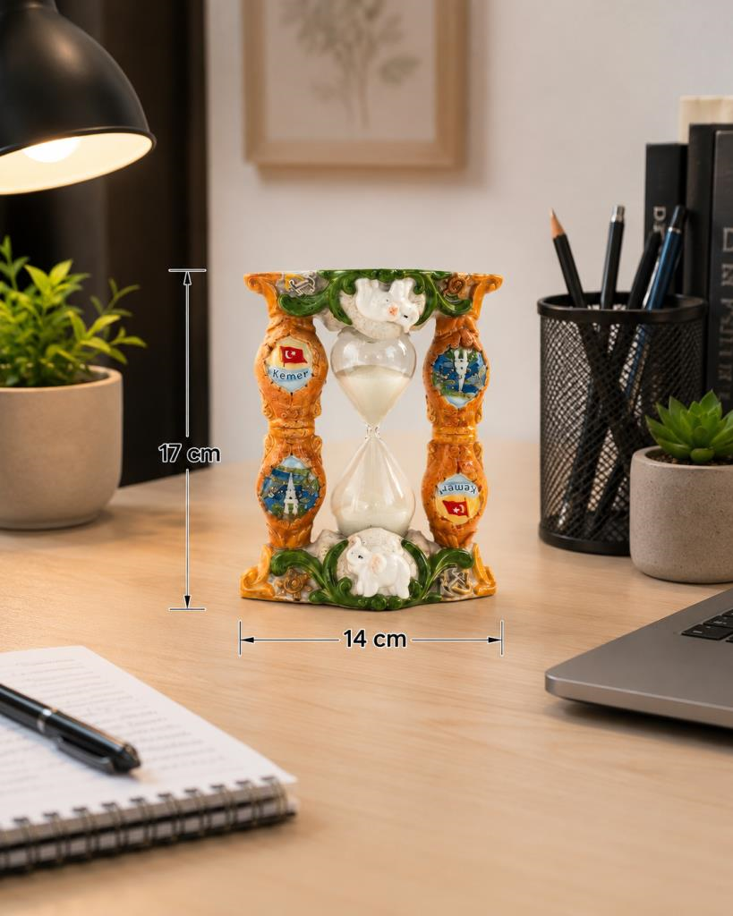 Dekoratif Seramik Kum Saati Fil Figürlü Masaüstü Biblo Ev Ofis Sehpa Konsol Dekoru 17x14 cm