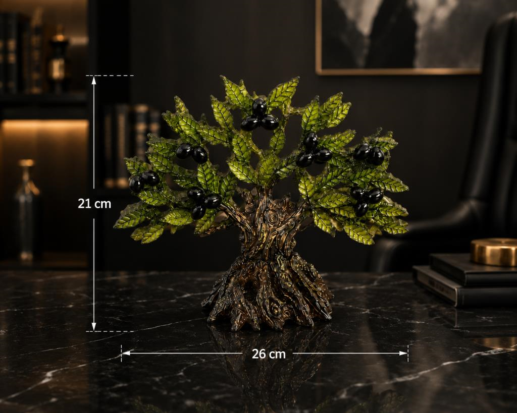Dekoratif Zeytin Ağacı Biblo 21x26 cm Reçine El Yapımı Siyah Zeytinli Konsol Vitrin Ofis Masa Üstü Ev Dekoru 