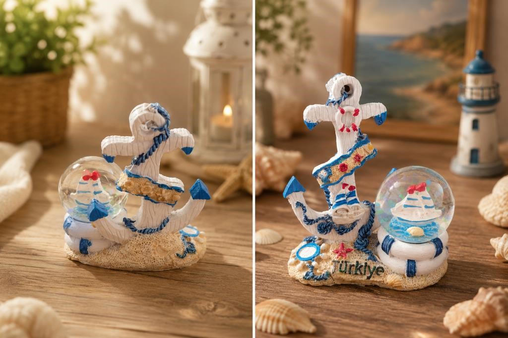 Deniz Temalı Çapa Kar Küresi Dekoratif Biblo Küçük Ebat Masaüstü Hediyelik