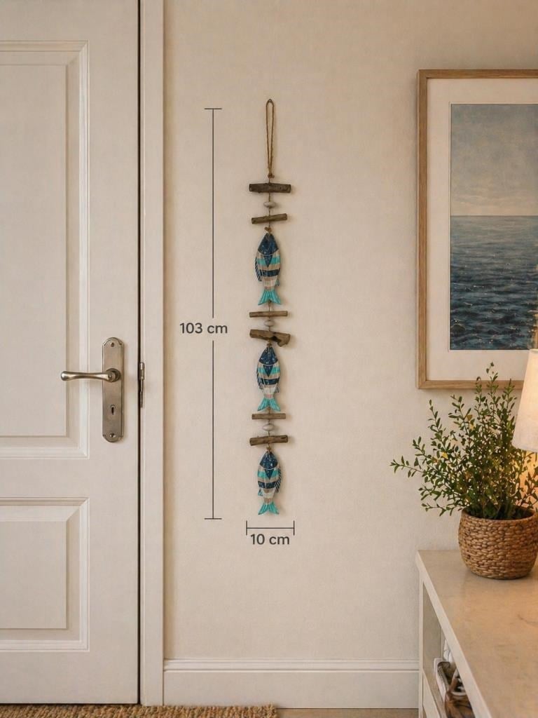 Doğal Ahşap Balık Duvar Dekoru 3’lü – Marin & Bohem Stil (103 cm