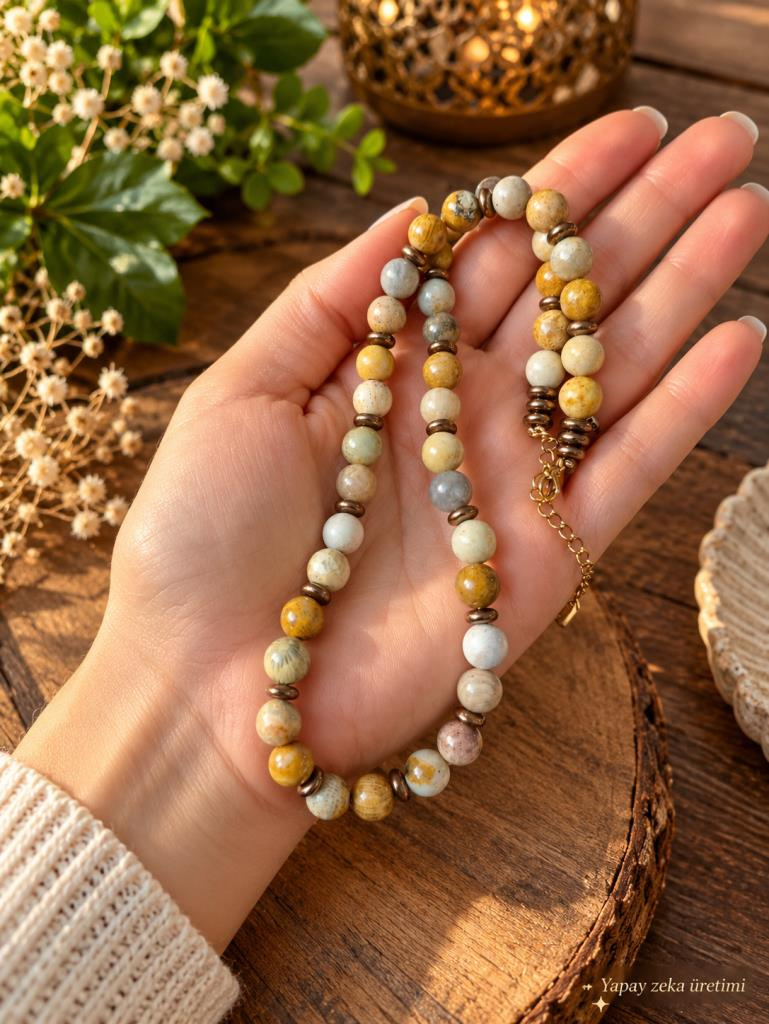 Doğal Taş Kolye Fosil Mercan Hematit Premium Kalite El Yapımı Çelik Uzatma Zincir Kutulu Kolye