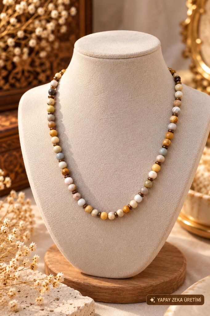 Doğal Taş Kolye Fosil Mercan Hematit Premium Kalite El Yapımı Çelik Uzatma Zincir Kutulu Kolye