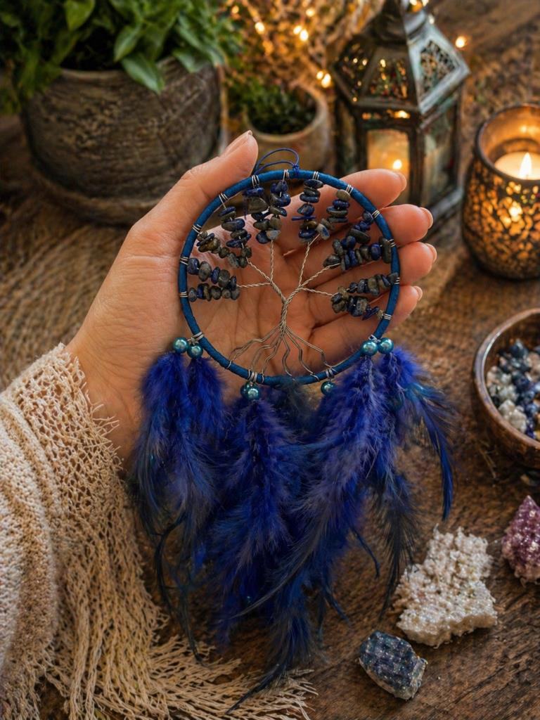 Düş Kapanı Doğal Taşlı Hayat Ağacı – Sodalit Taşlı Mavi Dreamcatcher Duvar Süsü Rüya Kapanı 