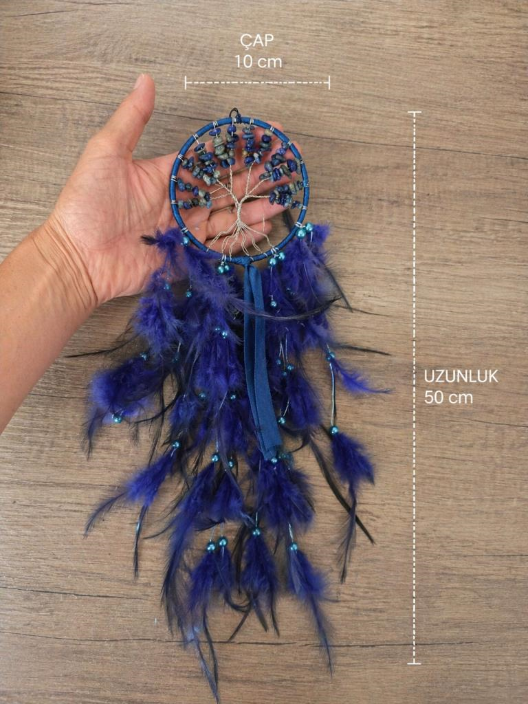 Düş Kapanı Doğal Taşlı Hayat Ağacı – Sodalit Taşlı Mavi Dreamcatcher Duvar Süsü Rüya Kapanı 