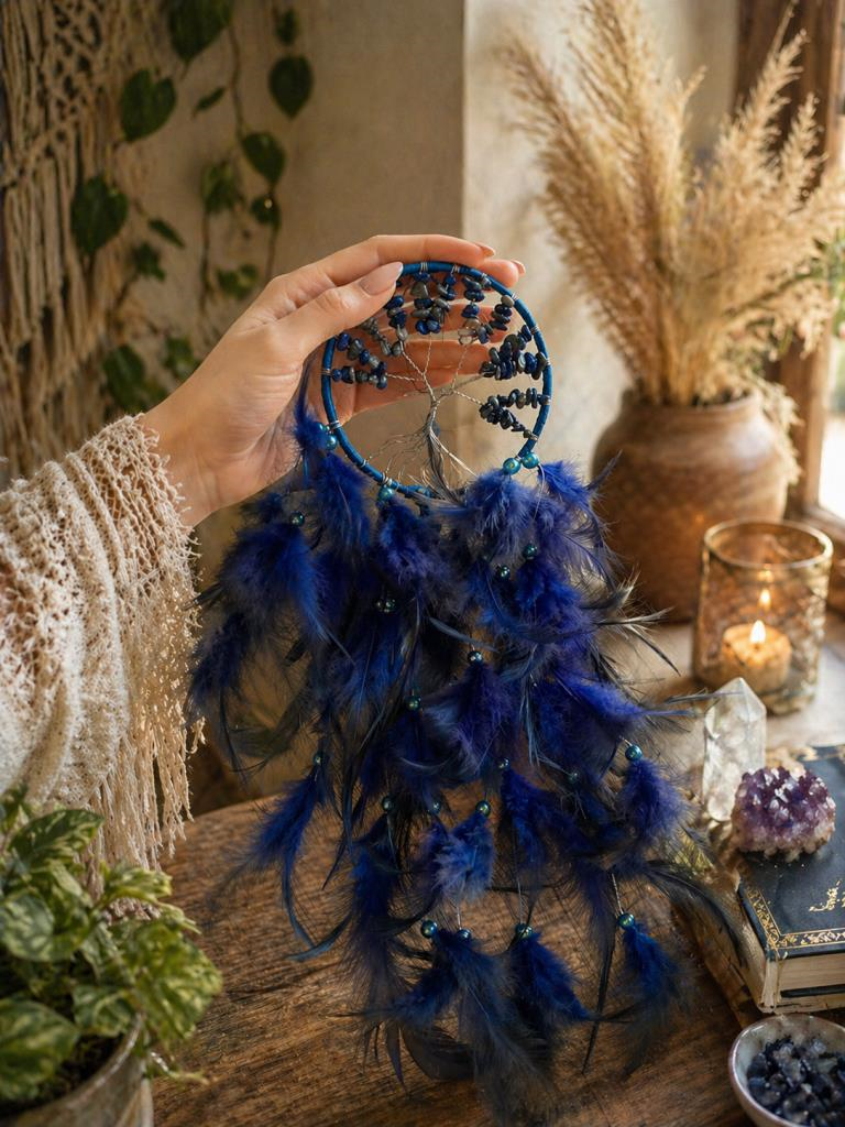 Düş Kapanı Doğal Taşlı Hayat Ağacı – Sodalit Taşlı Mavi Dreamcatcher Duvar Süsü Rüya Kapanı 