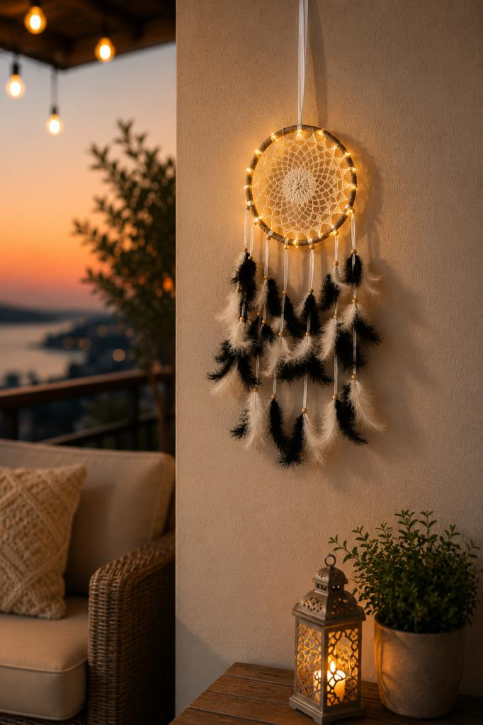 Düş Kapanı LED Işıklı Siyah Beyaz Tüylü El Yapımı Bohem Duvar Süsü 22 cm Çap 60 cm 