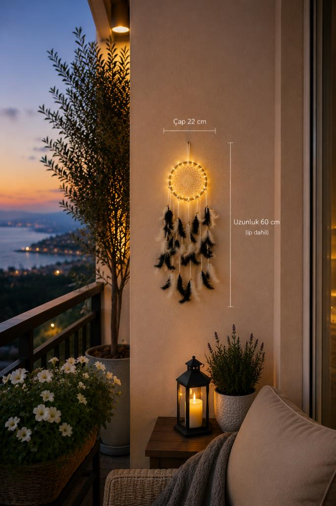 Düş Kapanı LED Işıklı Siyah Beyaz Tüylü El Yapımı Bohem Duvar Süsü 22 cm Çap 60 cm 