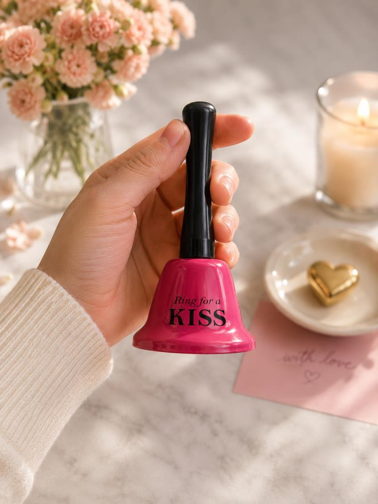 El Çanı Dekoratif Masa Zili – Ring For A Kiss Tasarımlı Romantik Hediye 13 cm Çan Zil  