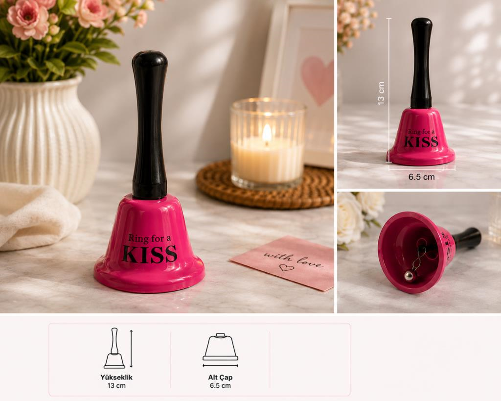 El Çanı Dekoratif Masa Zili – Ring For A Kiss Tasarımlı Romantik Hediye 13 cm Çan Zil  