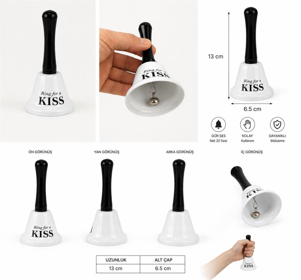 El Çanı Dekoratif Masa Zili – Ring For A Kiss Tasarımlı Romantik Hediye 13 cm Çan Zil  Beyaz 