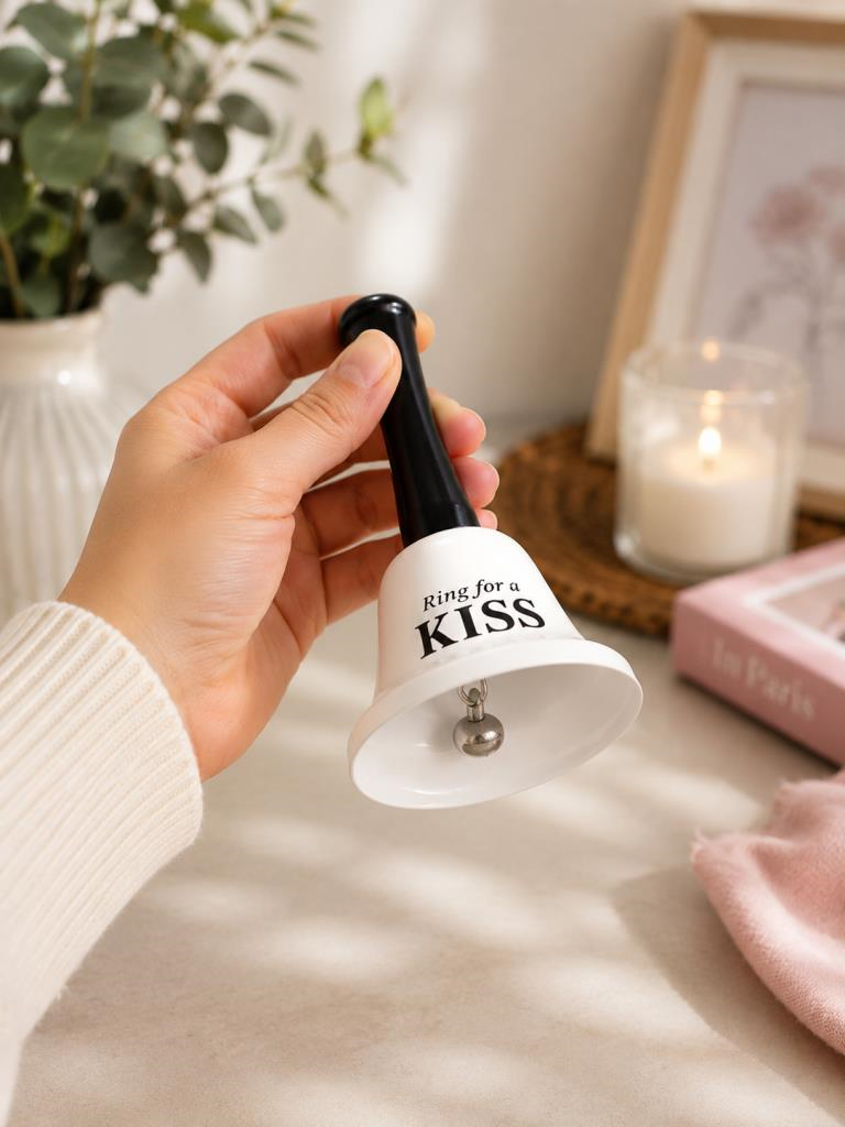 El Çanı Dekoratif Masa Zili – Ring For A Kiss Tasarımlı Romantik Hediye 13 cm Çan Zil  Beyaz 