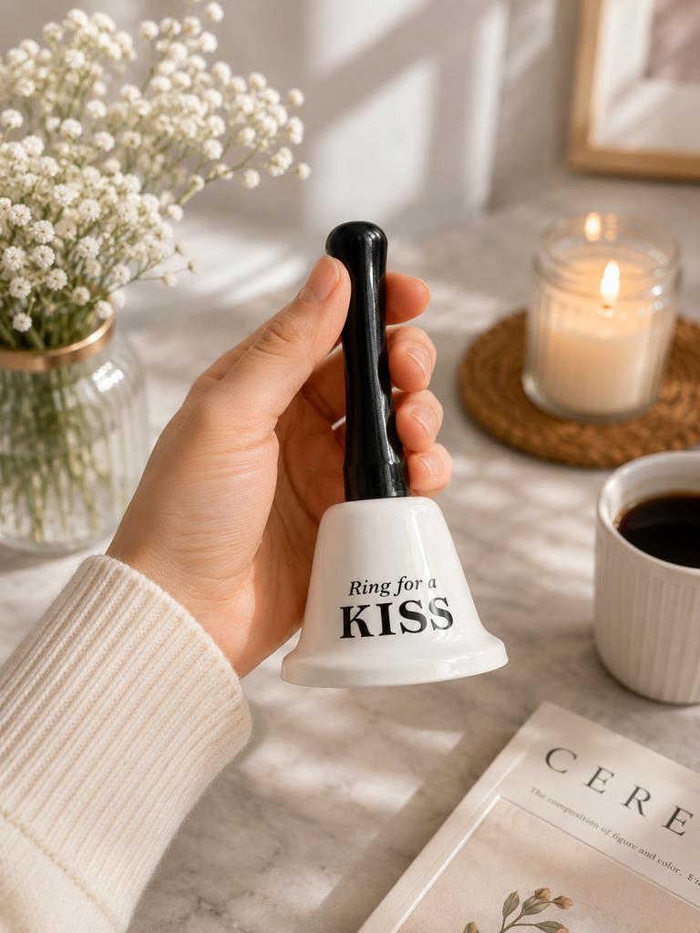 El Çanı Dekoratif Masa Zili – Ring For A Kiss Tasarımlı Romantik Hediye 13 cm Çan Zil  Beyaz 