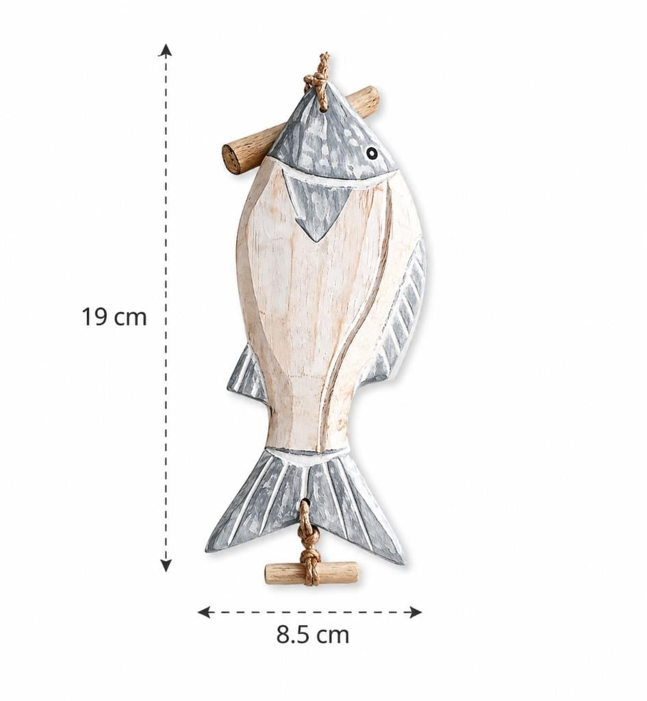 El İşçiliği Doğal Ahşap Balık Figürlü Duvar Objesi 116 cm | Bohem Coastal Stil Dekoratif Duvar Sanatı