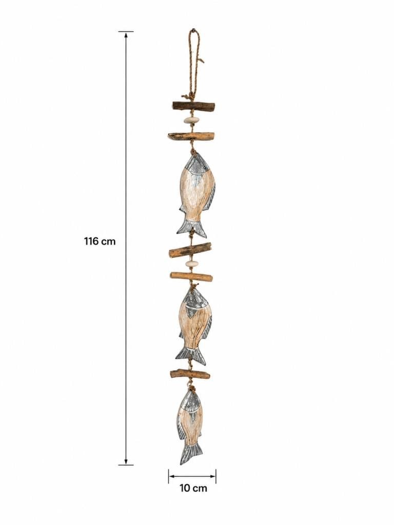 El İşçiliği Doğal Ahşap Balık Figürlü Duvar Objesi 116 cm | Bohem Coastal Stil Dekoratif Duvar Sanatı