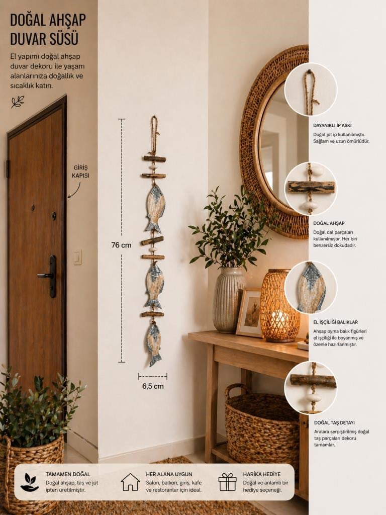 El İşçiliği Doğal Ahşap Balık Figürlü Duvar Objesi 116 cm | Bohem Coastal Stil Dekoratif Duvar Sanatı