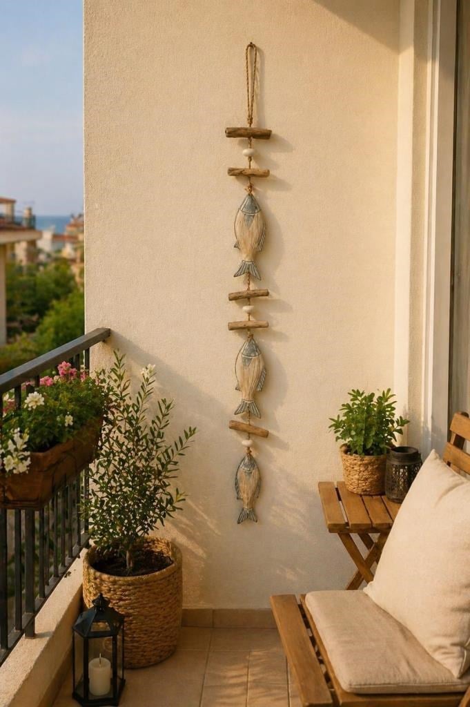 El İşçiliği Doğal Ahşap Balık Figürlü Duvar Objesi 116 cm | Bohem Coastal Stil Dekoratif Duvar Sanatı
