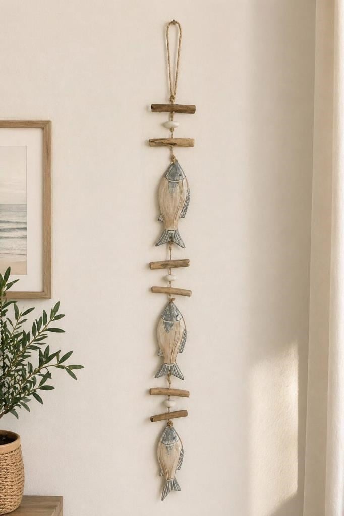 El İşçiliği Doğal Ahşap Balık Figürlü Duvar Objesi 116 cm | Bohem Coastal Stil Dekoratif Duvar Sanatı