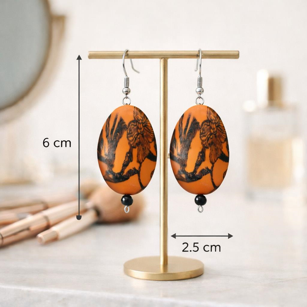 El Yapımı Turuncu Desenli Kadın Küpe – Oval Bohem Küpe 6 cm Uzunluk Hafif Tasarım Günlük ve Özel Gün Takısı