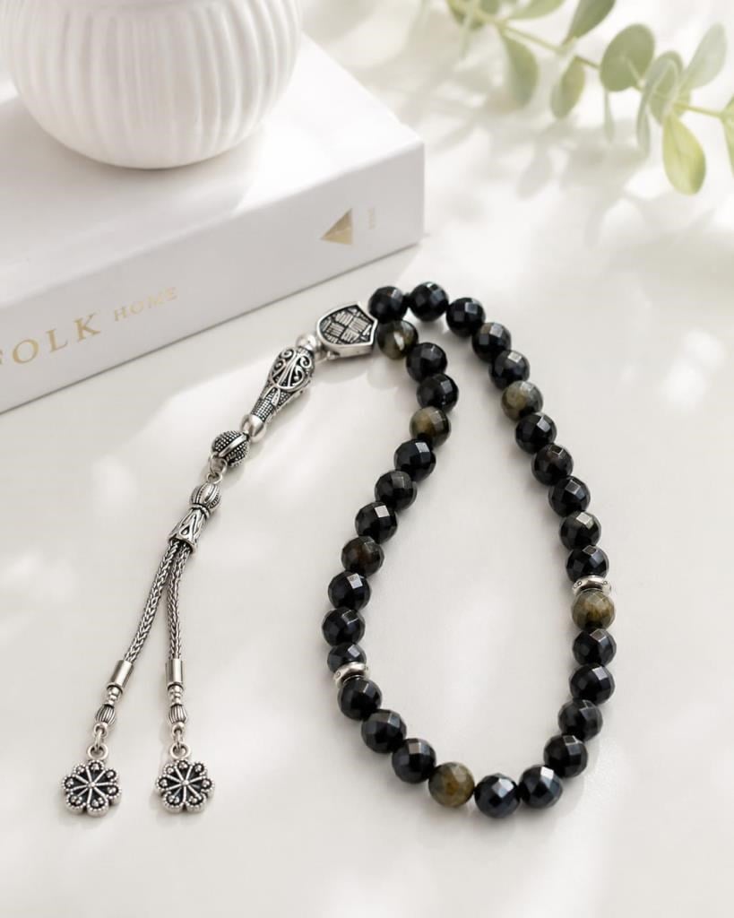 Gold Obsidyen Tesbih Premium Kalite 8 mm Parlak Faset Kesim Tesbih Şık Tasarım