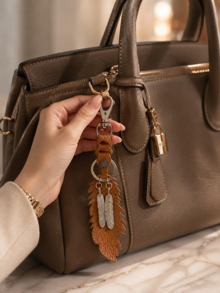 Hakiki Deri Yaprak Anahtarlık Karabinalı Araba Anahtarı Çanta Askısı Metal Tüy Detaylı Bohem Anahtarlık Unisex 21.5 CM