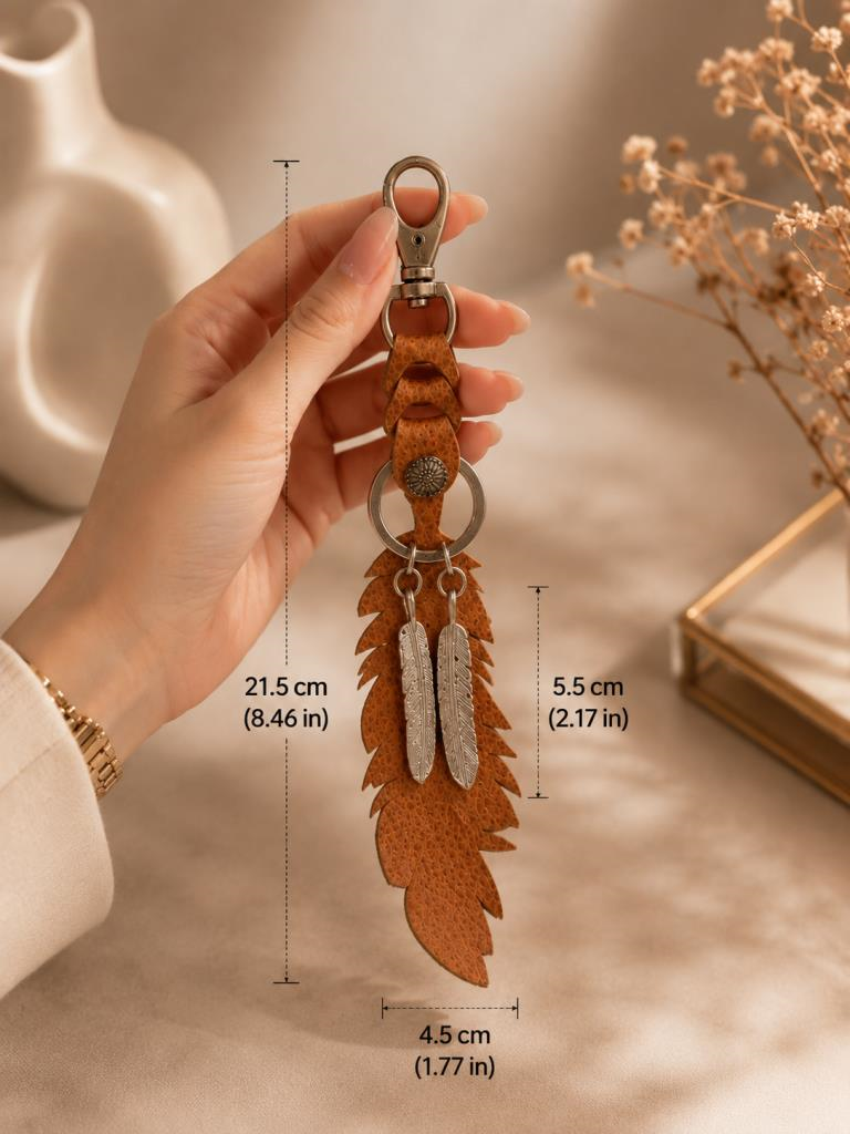 Hakiki Deri Yaprak Anahtarlık Karabinalı Araba Anahtarı Çanta Askısı Metal Tüy Detaylı Bohem Anahtarlık Unisex 21.5 CM