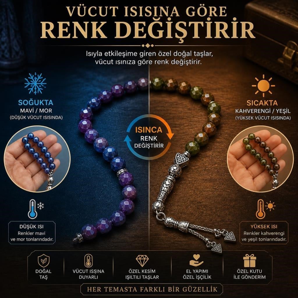 His Taşı Vücut Isısına Göre Renk Değiştiren Tesbih | Doğal Taş Bukalemun Tesbih Özel Kesim, El Yapımı, Şık Hediyelik
