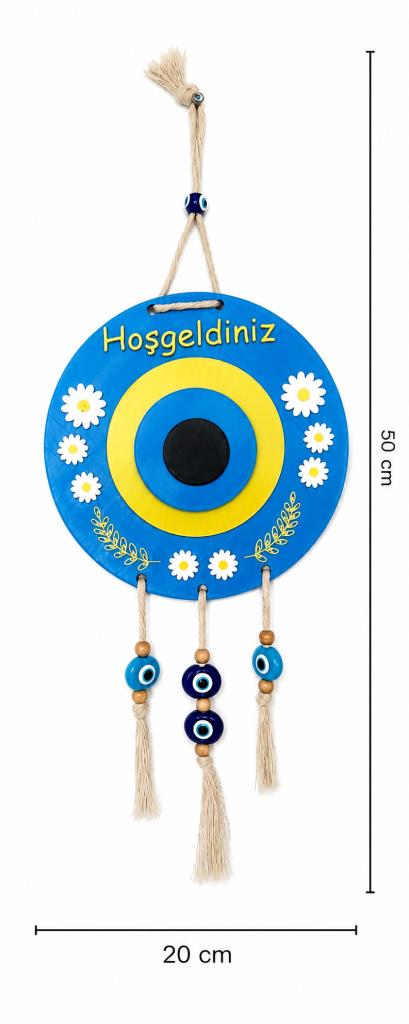 Hoşgeldiniz Nazar Boncuklu Kapı Süsü Çiçekli Dekoratif Kapı ve Duvar Süsü Mavi Modern Ev Dekoru Uzunluk 50x20 cm