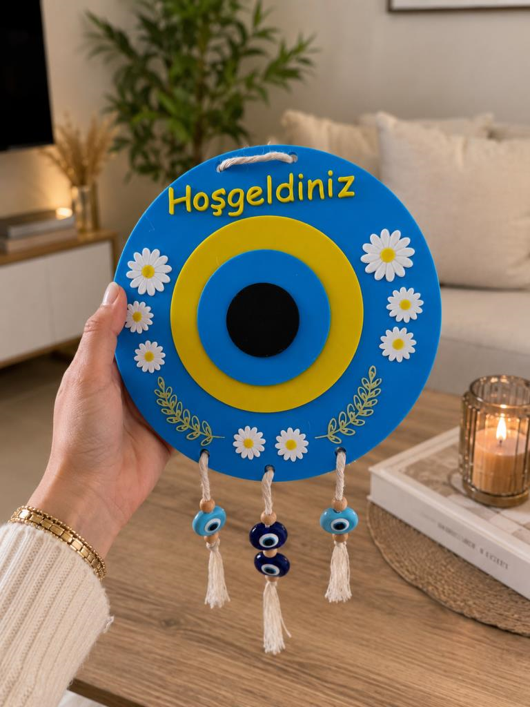 Hoşgeldiniz Nazar Boncuklu Kapı Süsü Çiçekli Dekoratif Kapı ve Duvar Süsü Mavi Modern Ev Dekoru Uzunluk 50x20 cm